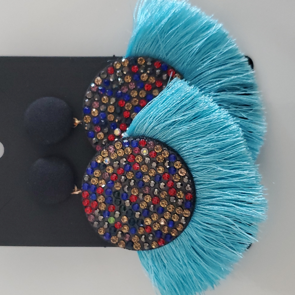 Boutique Light Blue and Multi Color Accent Large Fringe Earrings